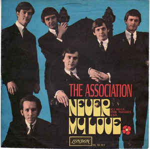Music group The Association posing for an album cover for Never My Love