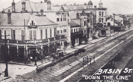 An old image of Basin St, in black and white.
