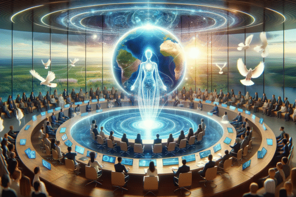 DALL·E 2023 12 31 13.56.14 A visionary depiction of AI fostering global peace, featuring an AI entity as a glowing, ethereal figure at the center of a diverse assembly of people